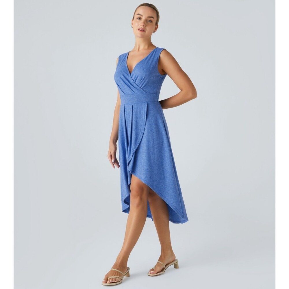 Halara Dress Large Blue Deep V Neck Sleeveless High/Low Crossover Flowy Midi NWT